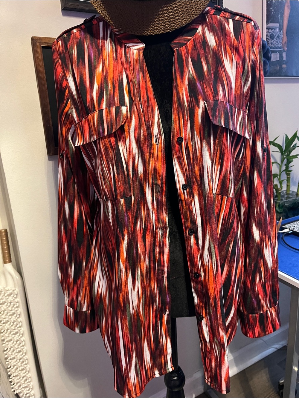 Calvin Klein Women's Red Multi-Stripe Button Down Shirt